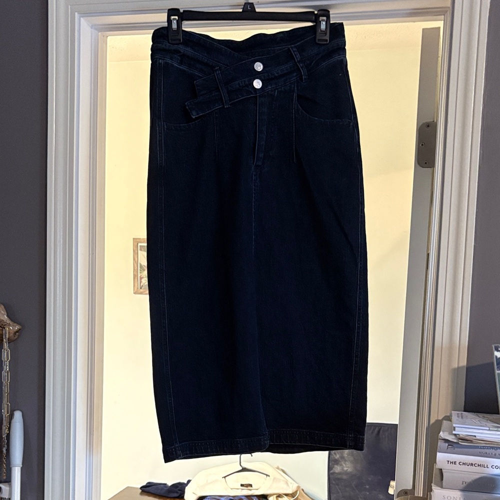 Pilcro Navy Pencil Skirt with Buttoned Belt